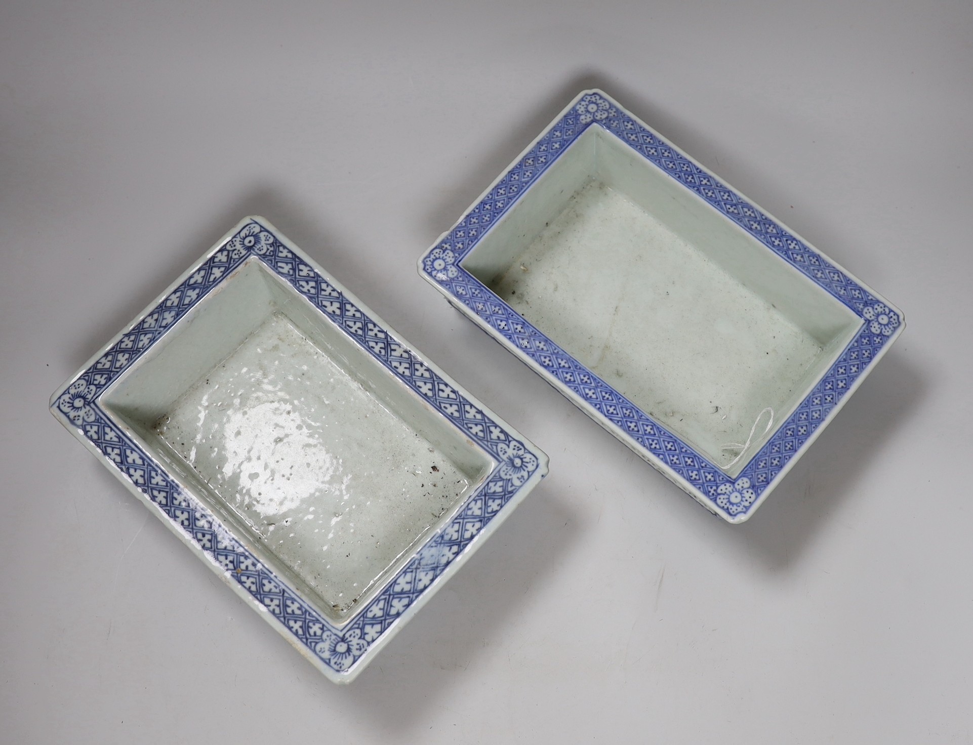 Two 19th century Chinese blue and white double walled planters, 24cm wide, 16cms deep